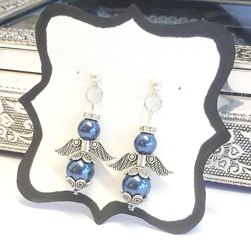 Stunning Handmade Blue Beaded Guardian Angel Dangle Earrings